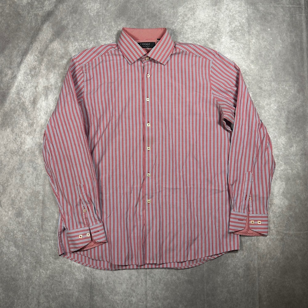 Coogi Classic Mens XL Striped Button Down Shirt Red White Blue Long Sleeve 17.5